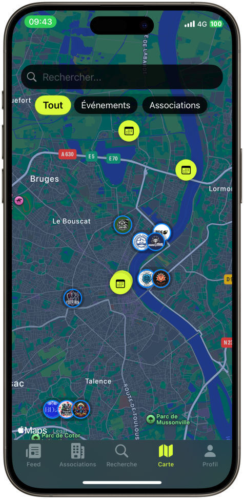 Carte interactive de l'application BDB localisant les événements étudiants à Bordeaux